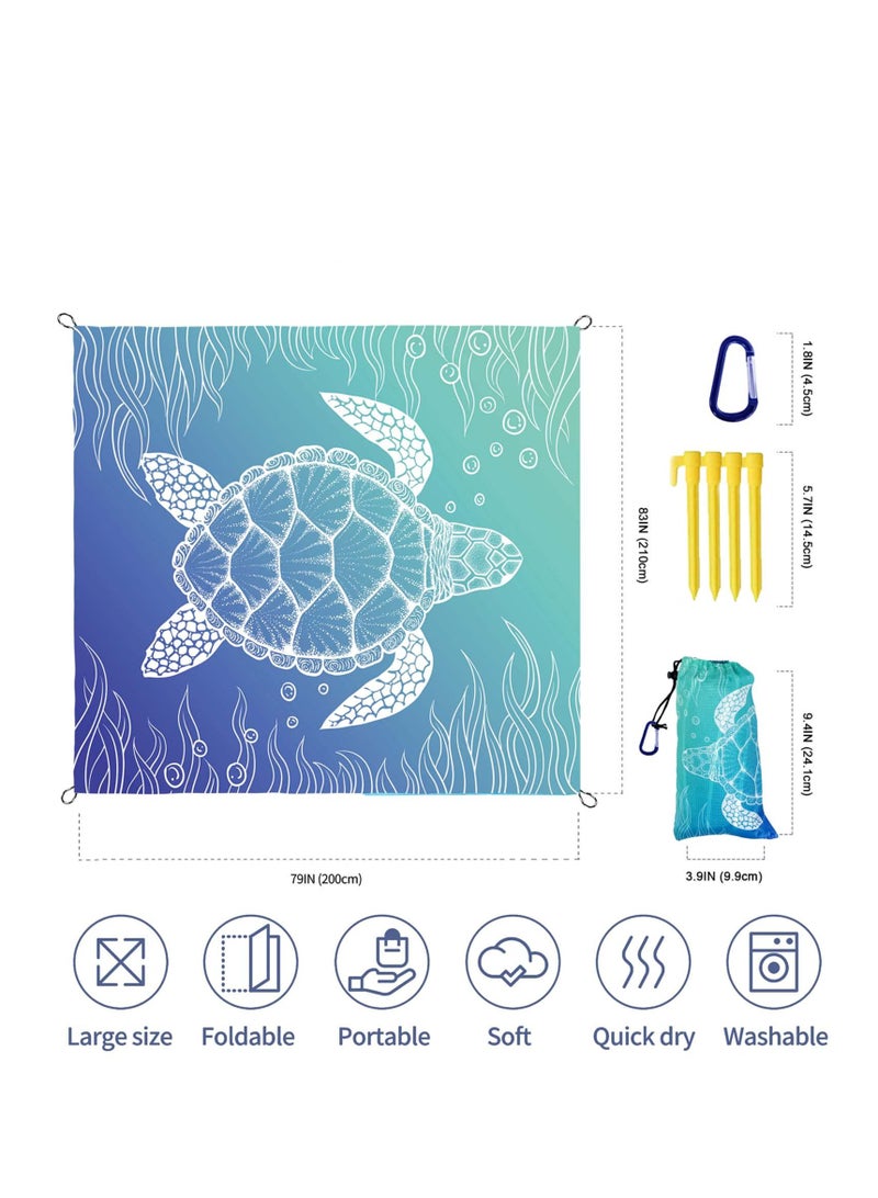 Beach Blanket, Portable Waterproof Sandproof Picnic Mat, Suitable for Beach Yoga, Outdoor Music Festival, Travel Camping Gifts with 4 Stakes & 4 Corner Pocket, Sea Turtle Design, 82