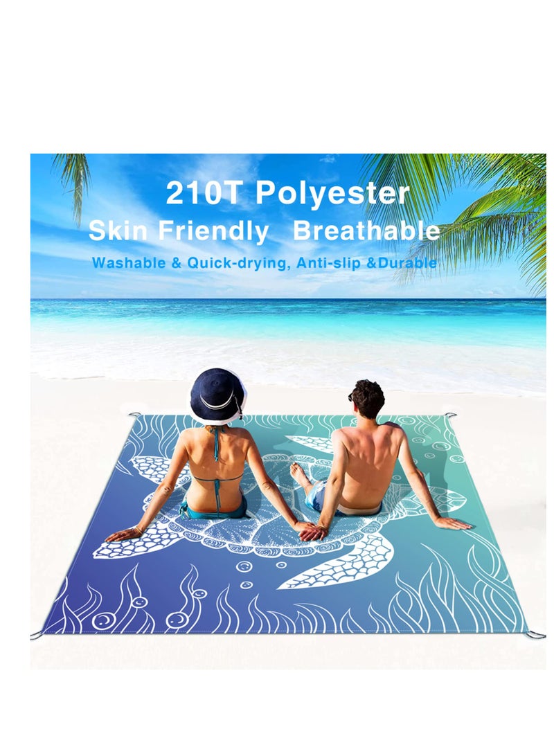 Beach Blanket, Portable Waterproof Sandproof Picnic Mat, Suitable for Beach Yoga, Outdoor Music Festival, Travel Camping Gifts with 4 Stakes & 4 Corner Pocket, Sea Turtle Design, 82