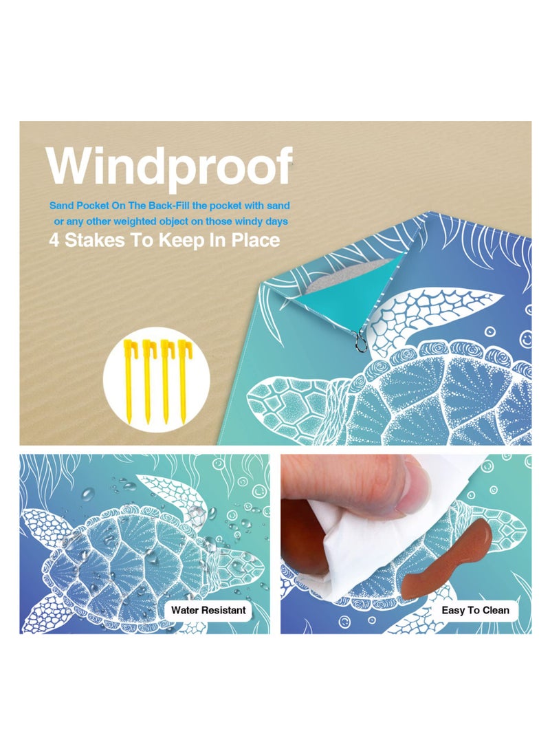 Beach Blanket, Portable Waterproof Sandproof Picnic Mat, Suitable for Beach Yoga, Outdoor Music Festival, Travel Camping Gifts with 4 Stakes & 4 Corner Pocket, Sea Turtle Design, 82