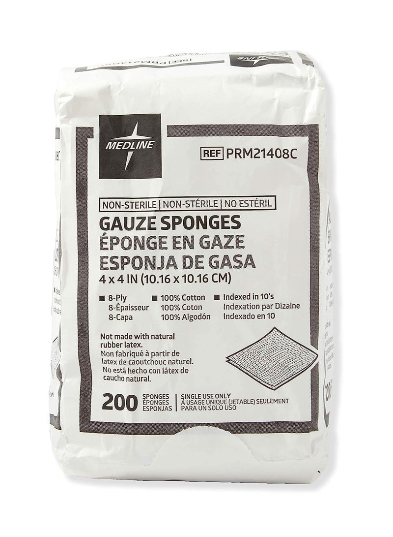 Medline 4 x 4 inch Gauze Sponges, 100% Cotton, 8-Ply Woven Non-Sterile Gauze, 200 Count (Pack of 1), Packaging may vary