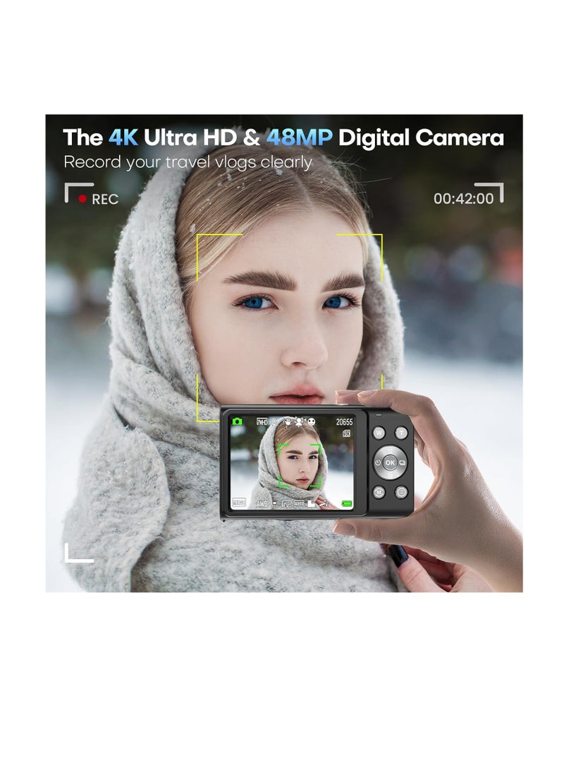 Digital Camera, Autofocus UHD 4K Vlogging Camera with 32GB Card, 48MP 16X Digital Zoom Digital Camera  Anti-Shake Portable Camera.