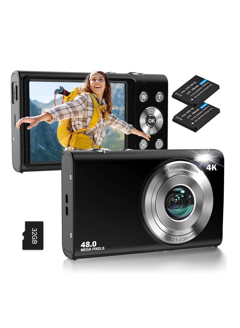 Digital Camera, Autofocus UHD 4K Vlogging Camera with 32GB Card, 48MP 16X Digital Zoom Digital Camera  Anti-Shake Portable Camera.