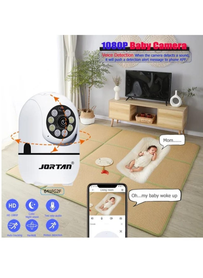 JORTAN 1080P Baby Camera, Baby Monitoring, IP44, Two-Way Talking, Motion Detection, Motion Tracking, Color Night Vision, 360° / 90° PTZ control, Indoor Security Camera., Baby Camera