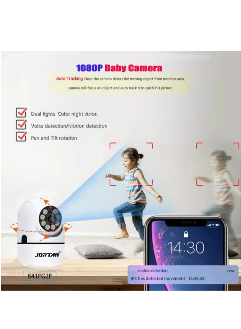 JORTAN 1080P Baby Camera, Baby Monitoring, IP44, Two-Way Talking, Motion Detection, Motion Tracking, Color Night Vision, 360° / 90° PTZ control, Indoor Security Camera., Baby Camera