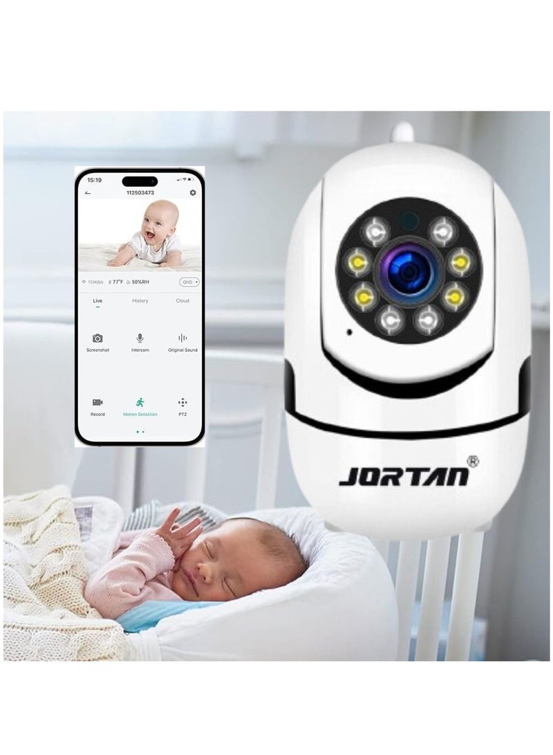 JORTAN 1080P Baby Camera, Baby Monitoring, IP44, Two-Way Talking, Motion Detection, Motion Tracking, Color Night Vision, 360° / 90° PTZ control, Indoor Security Camera., Baby Camera