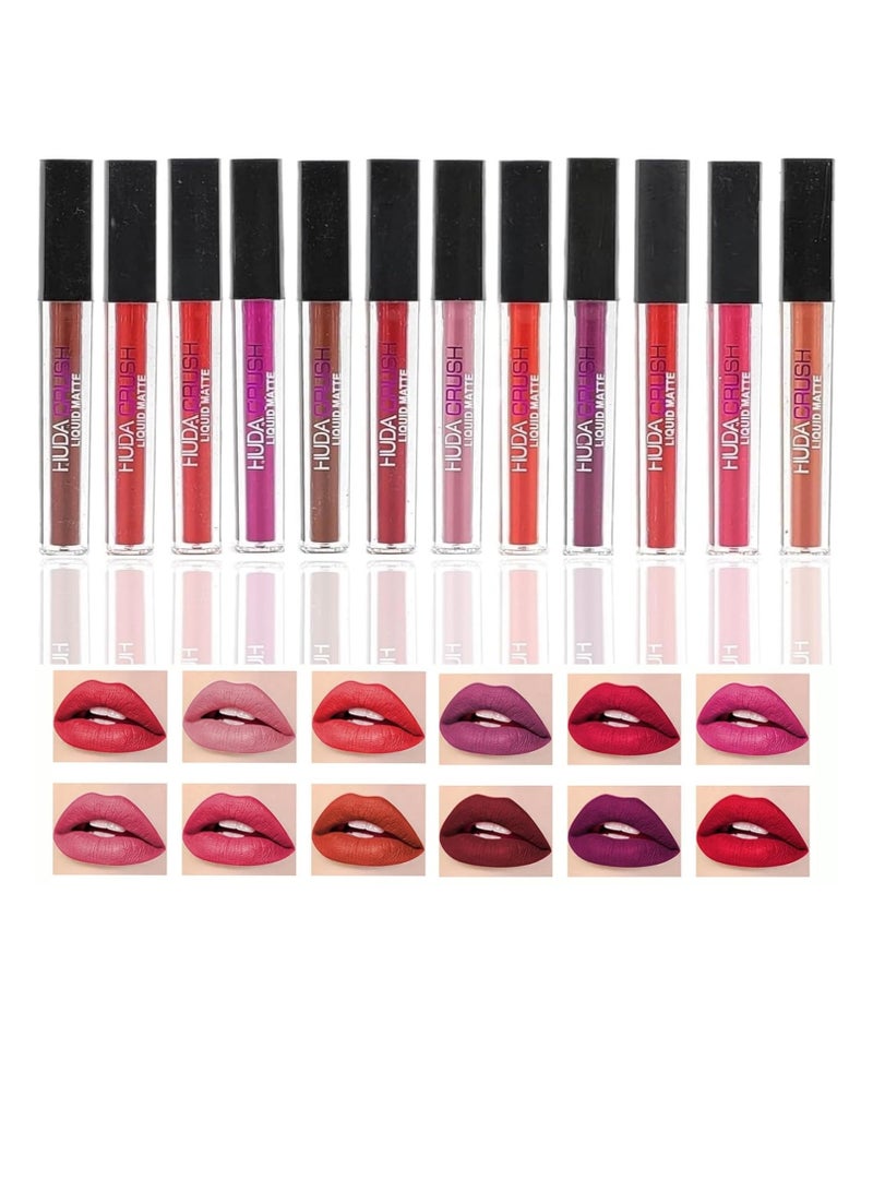 Huda Crush Beauty Pack Of 12Pcs Matte Liquid Lipstick Makeup Set  Long Lasting Ultra Smooth Waterproof Multicolor Velvety Lips Gloss Make Up Gift Set For Girls