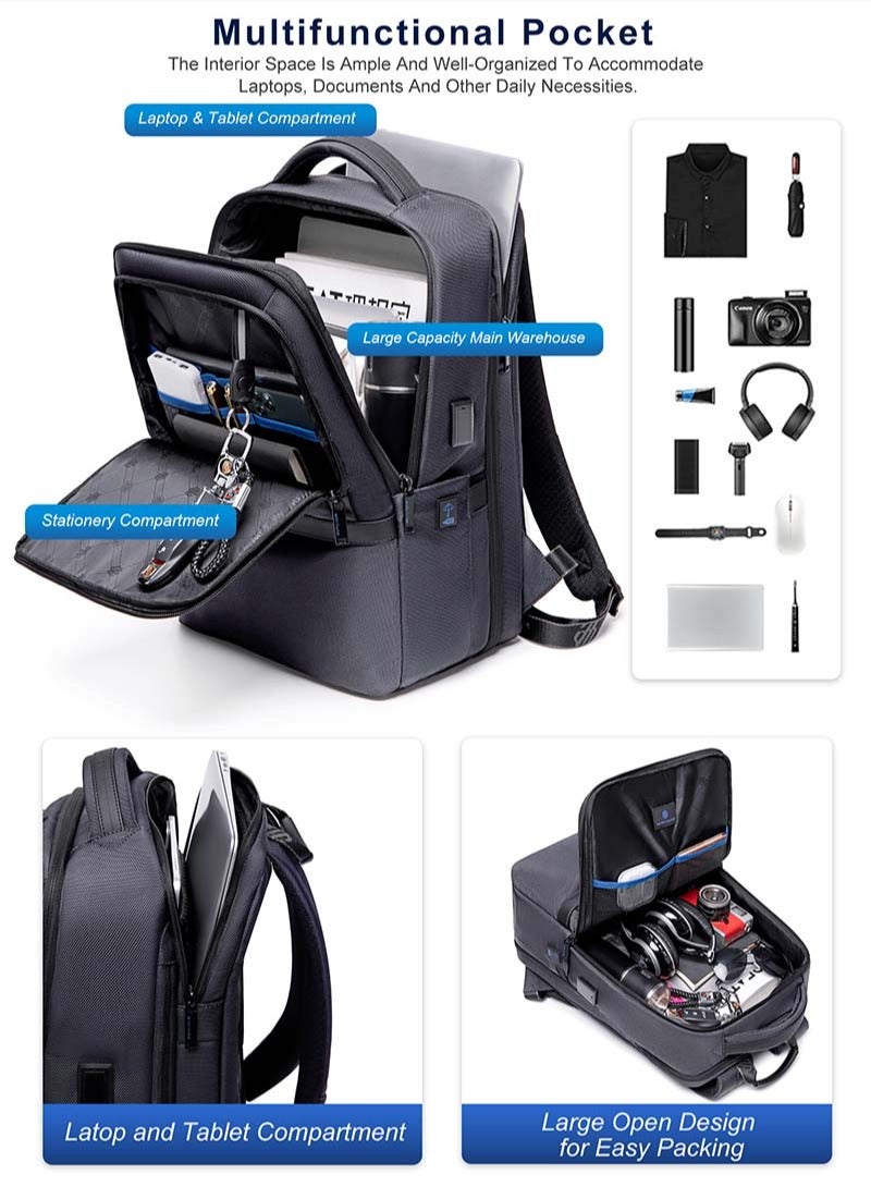 Durable School Laptop Backpack, Water Resistant Business Travel Expandable Bag with USB Charging Port for Work, Grey