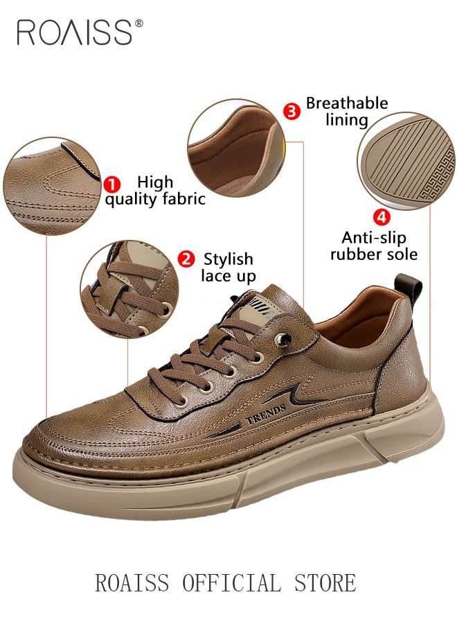 Business Casual Leather Shoes for Men Round Toe Low Top Front Lace up Anti Slip Driving Shoes Mens Retro Stretch Sole Comfort Wear Resistant Walking Shoes For All Seasons