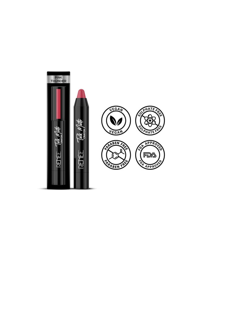 RENEE Talk Matte Crayon Lipstick Pink Thunder 4.5g Hydrating and Long Lasting Matte Lip Color Enriched with Vitamin E Jojoba Oil and Cocoa Butter