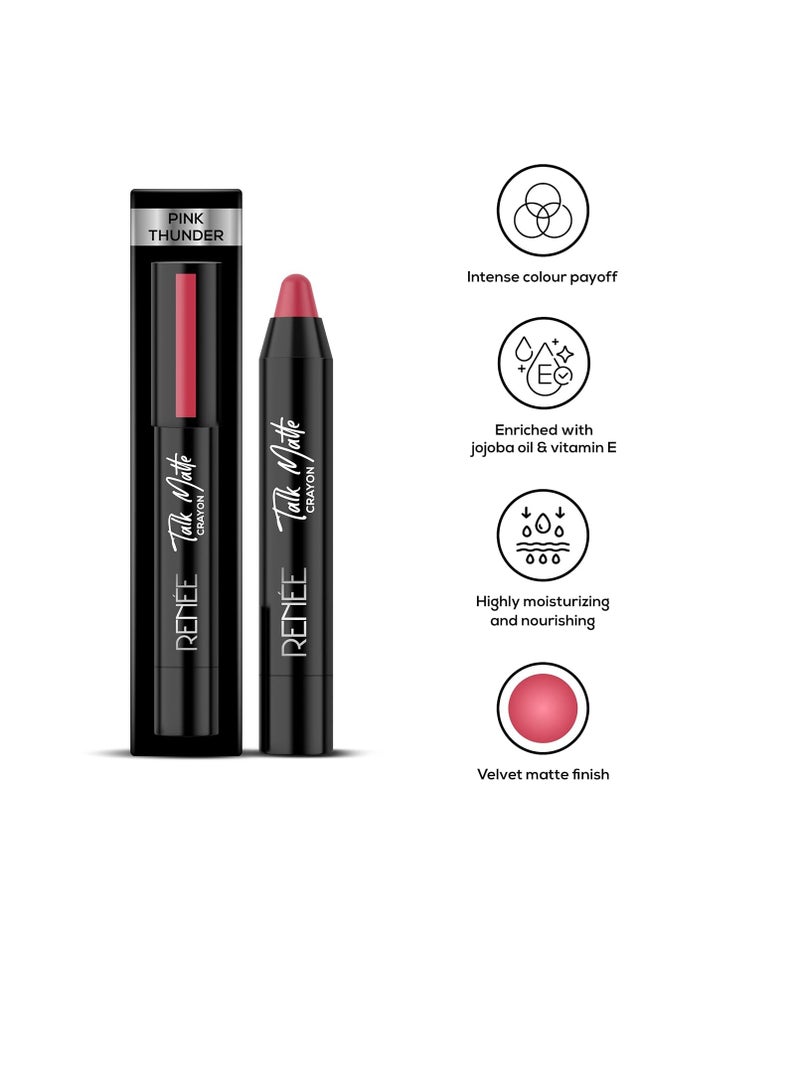 RENEE Talk Matte Crayon Lipstick Pink Thunder 4.5g Hydrating and Long Lasting Matte Lip Color Enriched with Vitamin E Jojoba Oil and Cocoa Butter