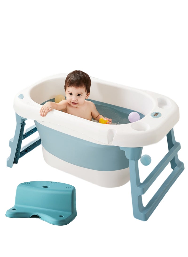 Baby Bath Tub with Seat & Thermometer, Portable Travel Collapsible Baby Bathtub with Drain Hole, Durable Foldable with Non-Slip Leg Support Infant Bathtub Newborn to Toddler