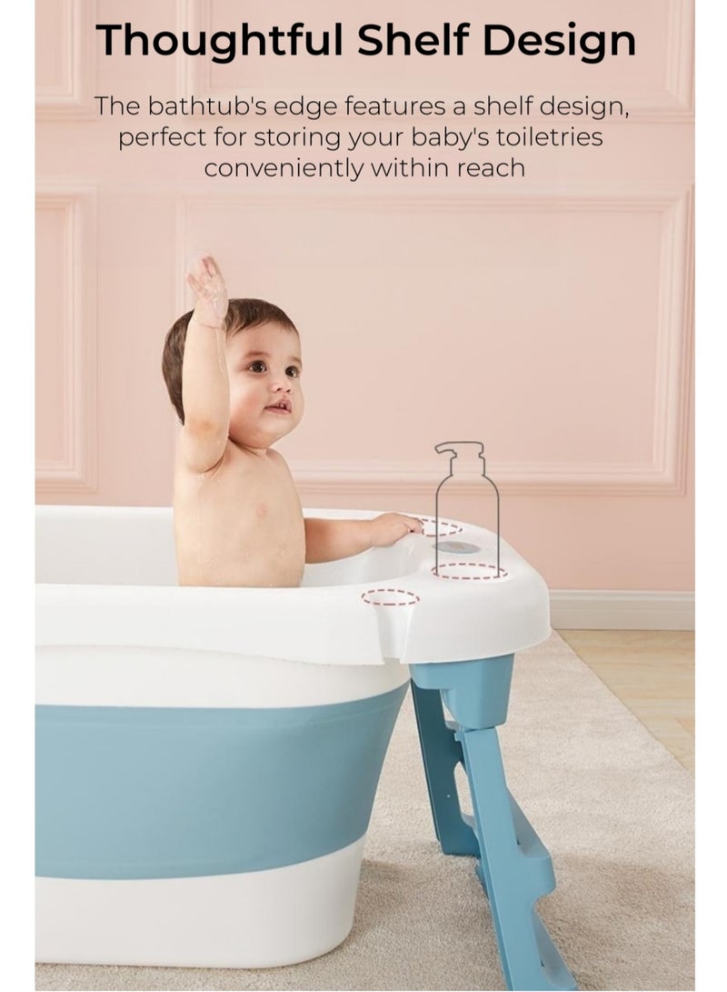 Baby Bath Tub with Seat & Thermometer, Portable Travel Collapsible Baby Bathtub with Drain Hole, Durable Foldable with Non-Slip Leg Support Infant Bathtub Newborn to Toddler