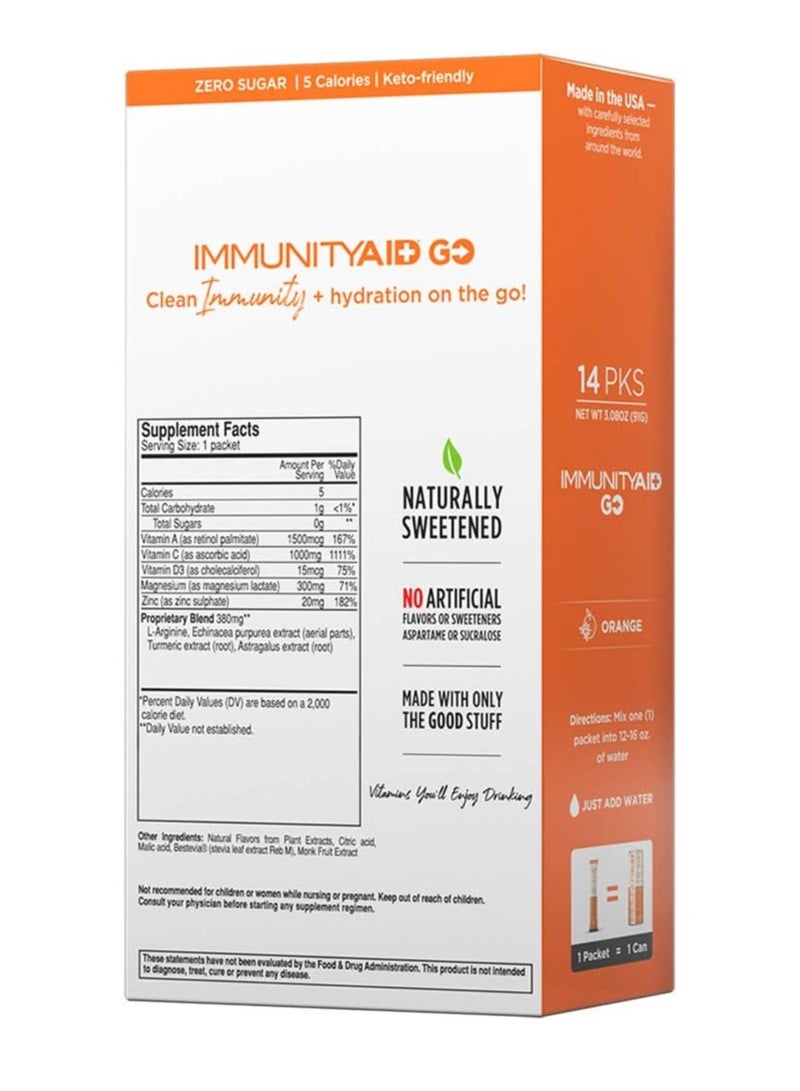 IMMUNITYAID GO Zero sugar Hydration + Immune Support Orange Burst 3.oz Pack of 14