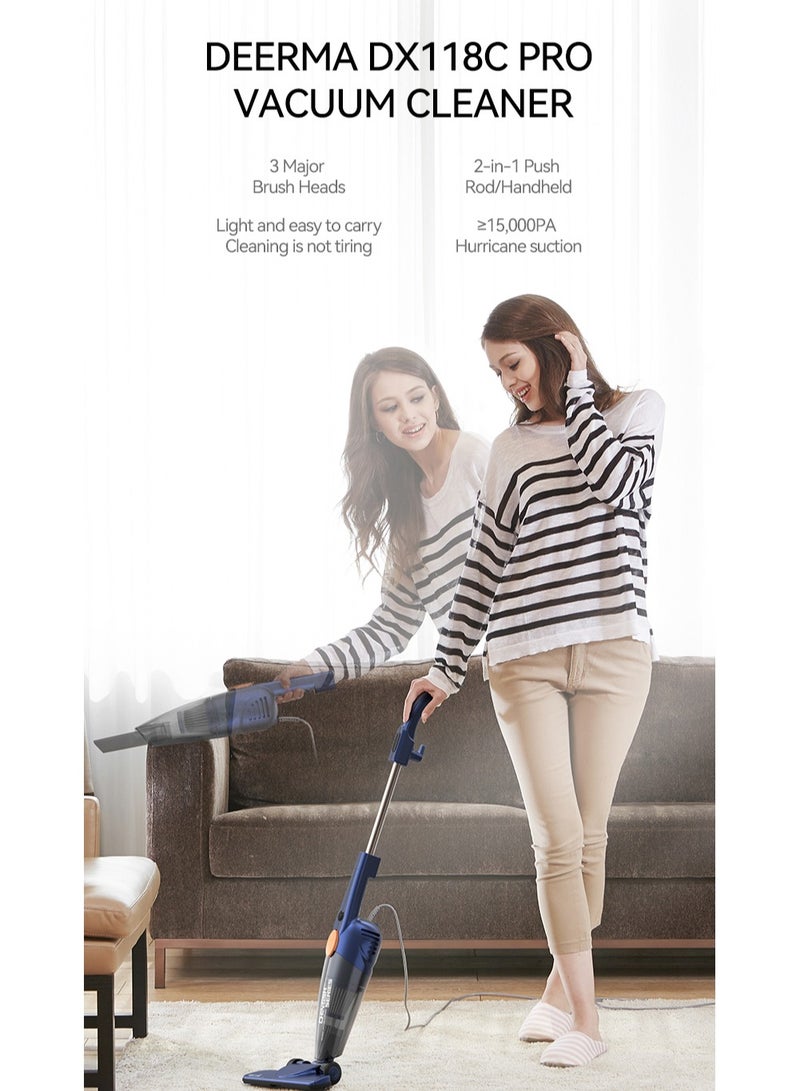 Pro 2-in-1 Handheld Vacuum Cleaner 15kPa Strong Suction Powerful Lightweight/5M Power Cable | HEPA Filtration Upright & Handheld Dual-Usage Transparent Dust Cup & Hook Design - 1.2 L 600 W DX118C-PRO Blue