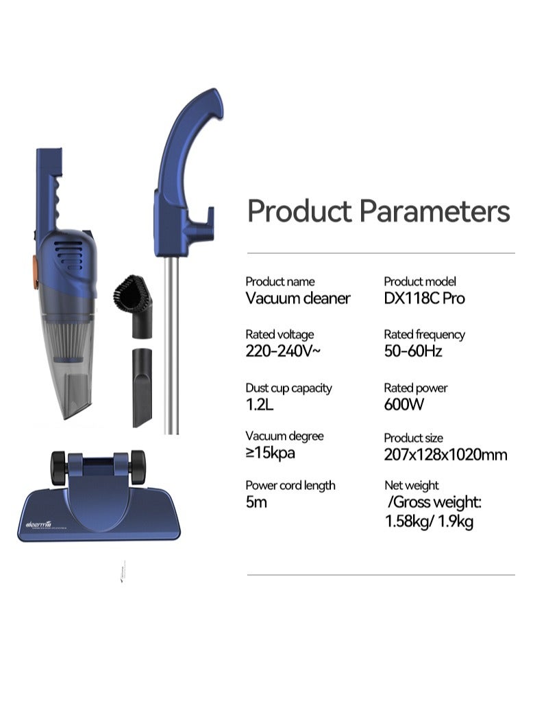 Pro 2-in-1 Handheld Vacuum Cleaner 15kPa Strong Suction Powerful Lightweight/5M Power Cable | HEPA Filtration Upright & Handheld Dual-Usage Transparent Dust Cup & Hook Design - 1.2 L 600 W DX118C-PRO Blue