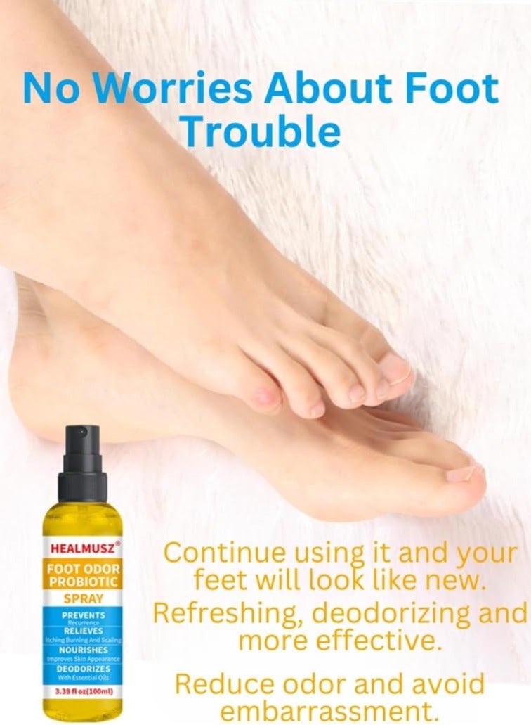 100ml Foot Odor Probiotic Spray Prevents Odor Recurrence Relieves Itching Burning Nourish Skin and Cool Refresh Foot and Shoe Deodorant Spray with Castor Seed Oil and Mint Foot Odor Spray