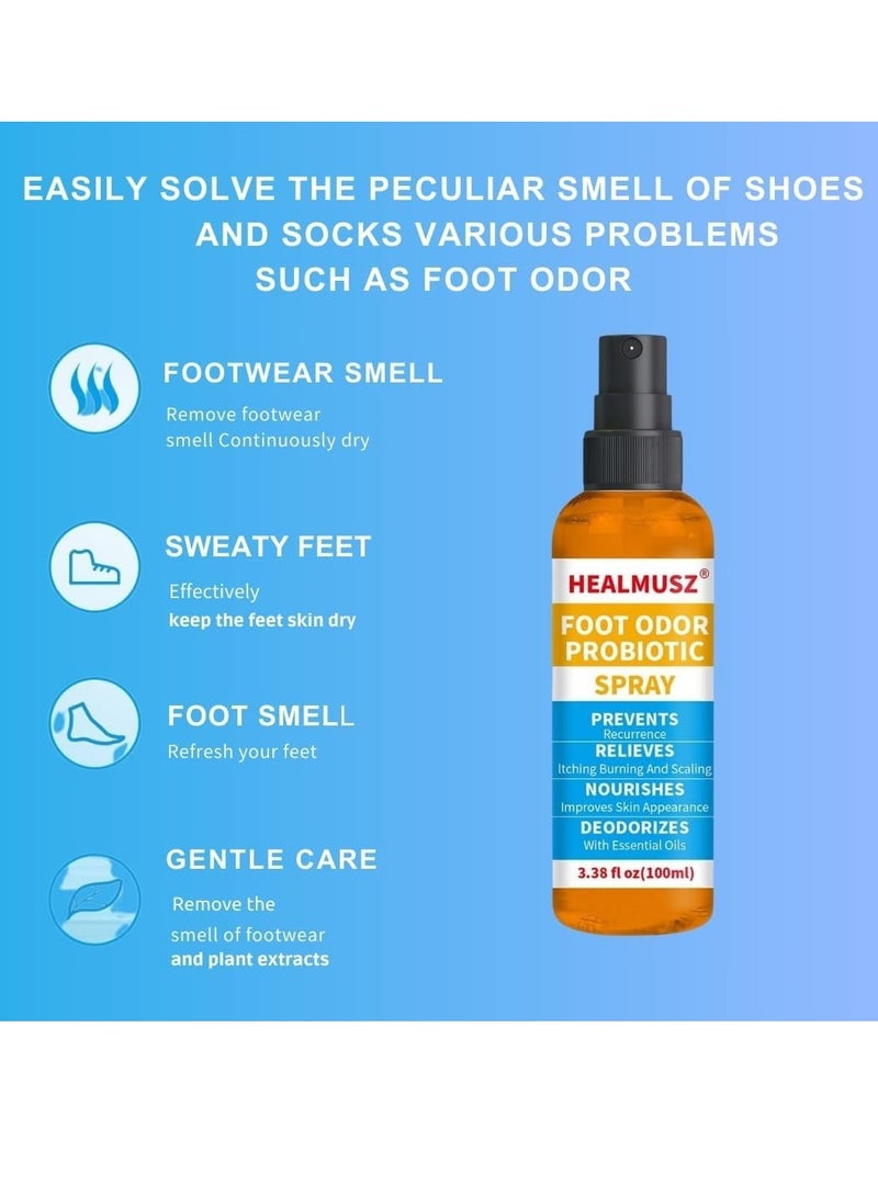 100ml Foot Odor Probiotic Spray Prevents Odor Recurrence Relieves Itching Burning Nourish Skin and Cool Refresh Foot and Shoe Deodorant Spray with Castor Seed Oil and Mint Foot Odor Spray