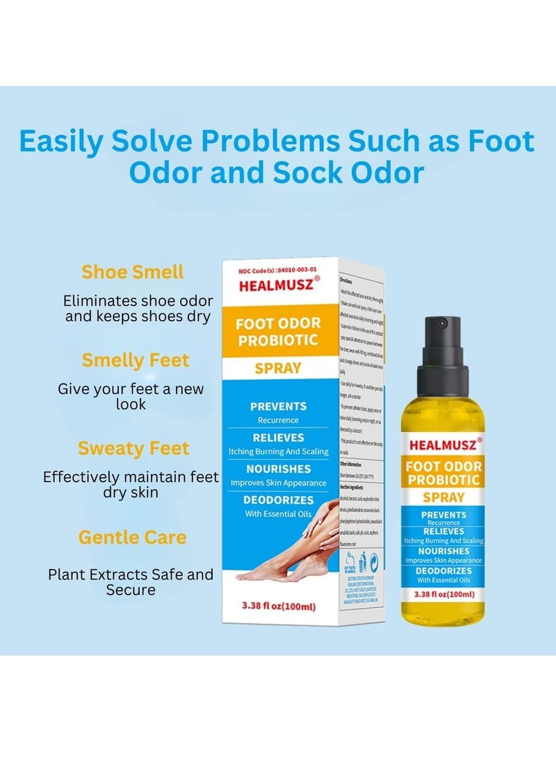 100ml Foot Odor Probiotic Spray Prevents Odor Recurrence Relieves Itching Burning Nourish Skin and Cool Refresh Foot and Shoe Deodorant Spray with Castor Seed Oil and Mint Foot Odor Spray