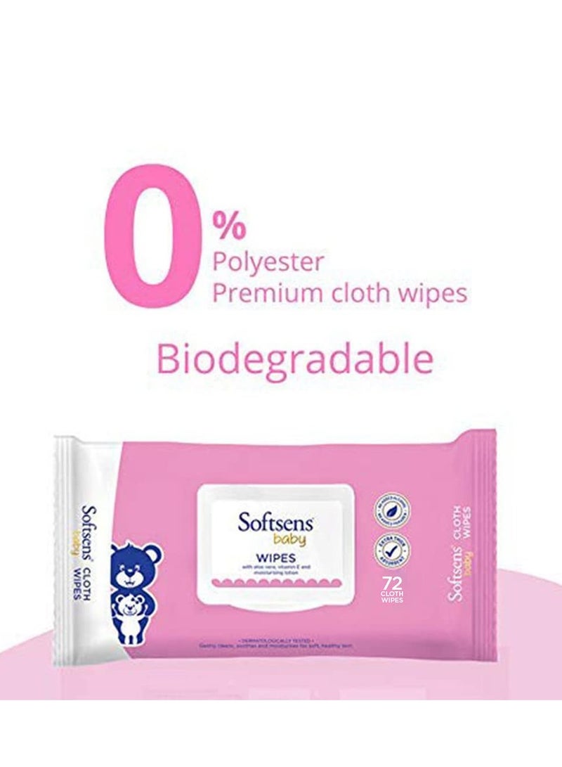 Softsens Baby Gentle Cloth Wipes for Baby Skin Enriched with Aloe Vera and Vitamin E Dermatologically Tested and Parben Free with Lid 72 wipes Pack of 5