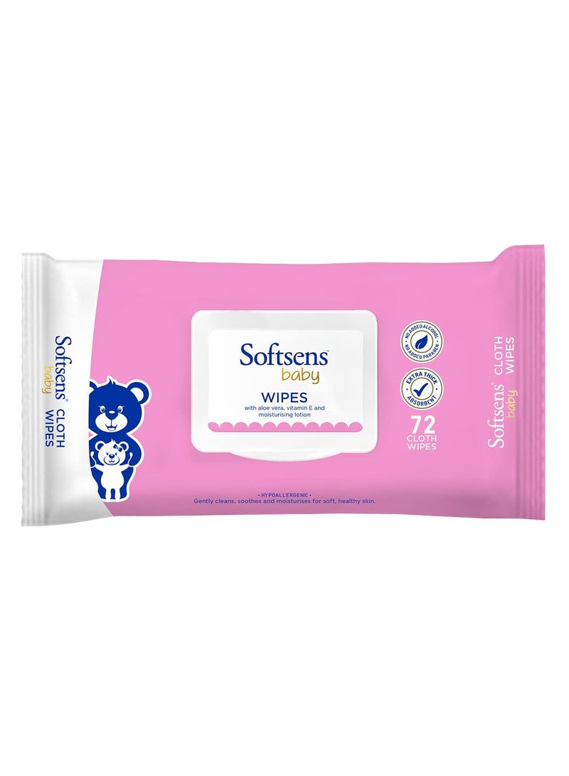 Softsens Baby Gentle Cloth Wipes for Baby Skin Enriched with Aloe Vera and Vitamin E Dermatologically Tested and Parben Free with Lid 72 wipes Pack of 5