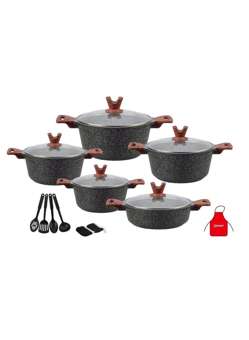 17-Piece Non Stick Granite Cookware Set 20/24/28/32Cm Casserole, 28Cm Shallow Casserole- PFOA Free - 8000 beige