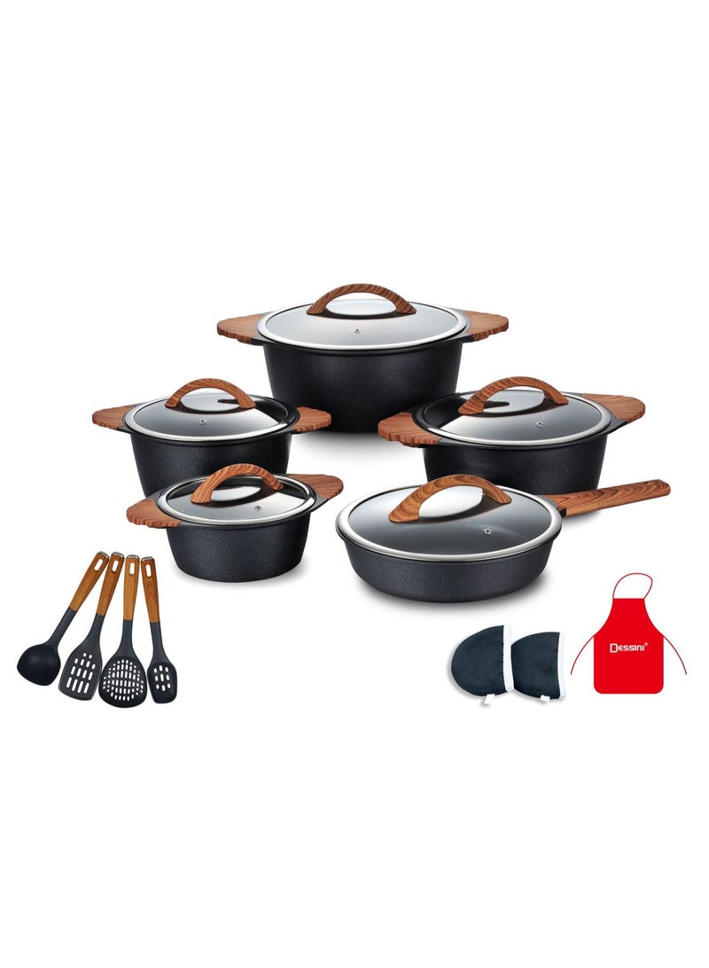 17-Piece Non Stick Granite Cookware Set 20/24/28/32Cm Casserole, 28Cm Shallow Casserole- PFOA Free - 2030 dark grey