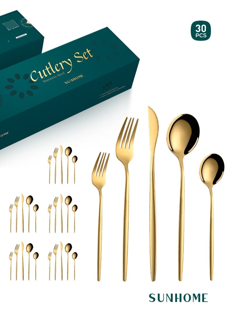 SUNHOME 30-Piece Stainless Steel Cutlery Set Gold