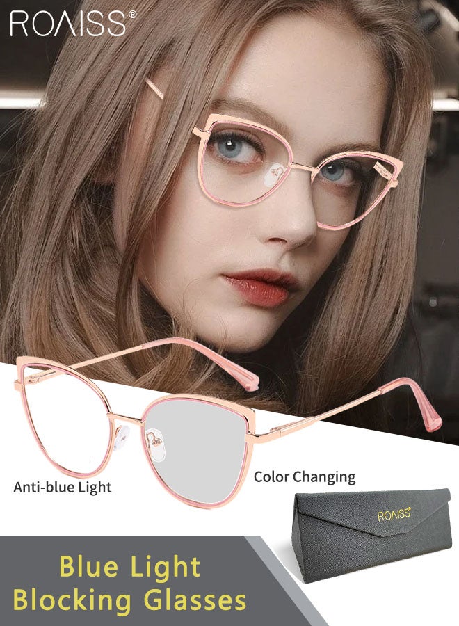 Women's Blue Light Blocking Sunglasses Anti UV and Glare Blue Light Filter Computer Glasses Cat Eye Color Changing Anti Eyestrain Headache Eyewear Pink and Rose Gold