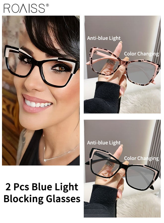 2 Pcs Cat Eye Photochromic Anti-Blue Light Eyeglasses for Women Clear Lens Fashion Glasses Frames Anti UV and Glare Blue Light Filter Computer Glasses