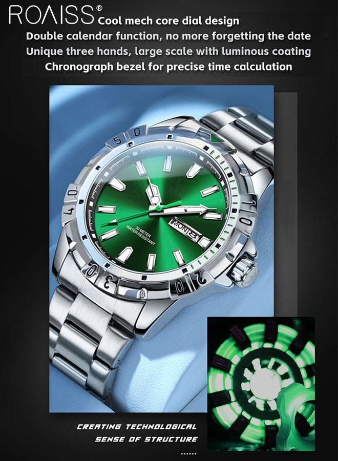 Men's Stainless Steel Strap Quartz Watch Analog Display Round Green Dial with Chrono Bezel Waterproof Luminous Wristwatch as Gift for Men