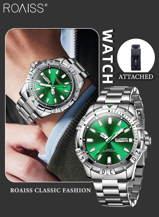 Men's Stainless Steel Strap Quartz Watch Analog Display Round Green Dial with Chrono Bezel Waterproof Luminous Wristwatch as Gift for Men