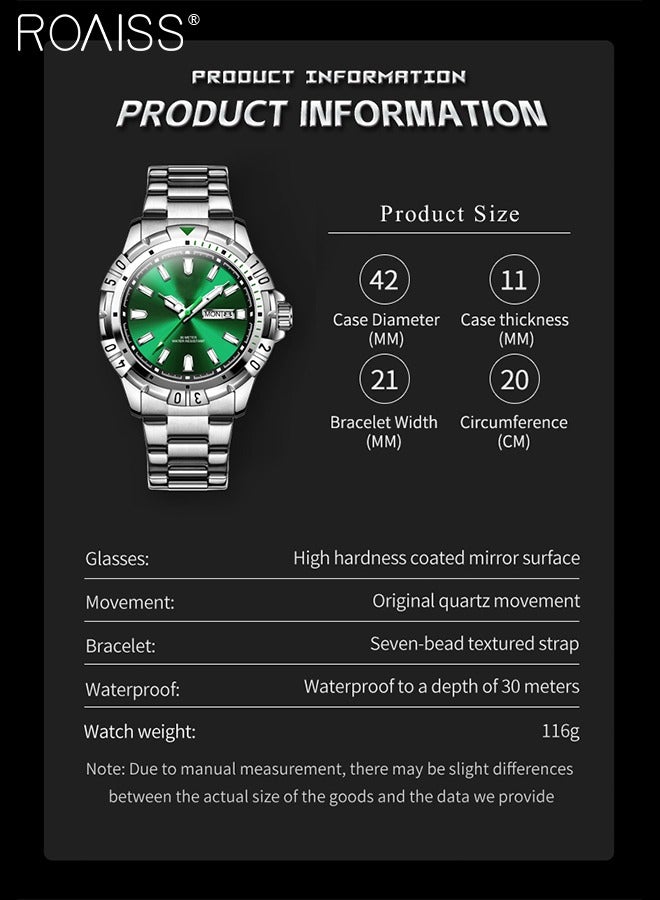 Men's Stainless Steel Strap Quartz Watch Analog Display Round Green Dial with Chrono Bezel Waterproof Luminous Wristwatch as Gift for Men