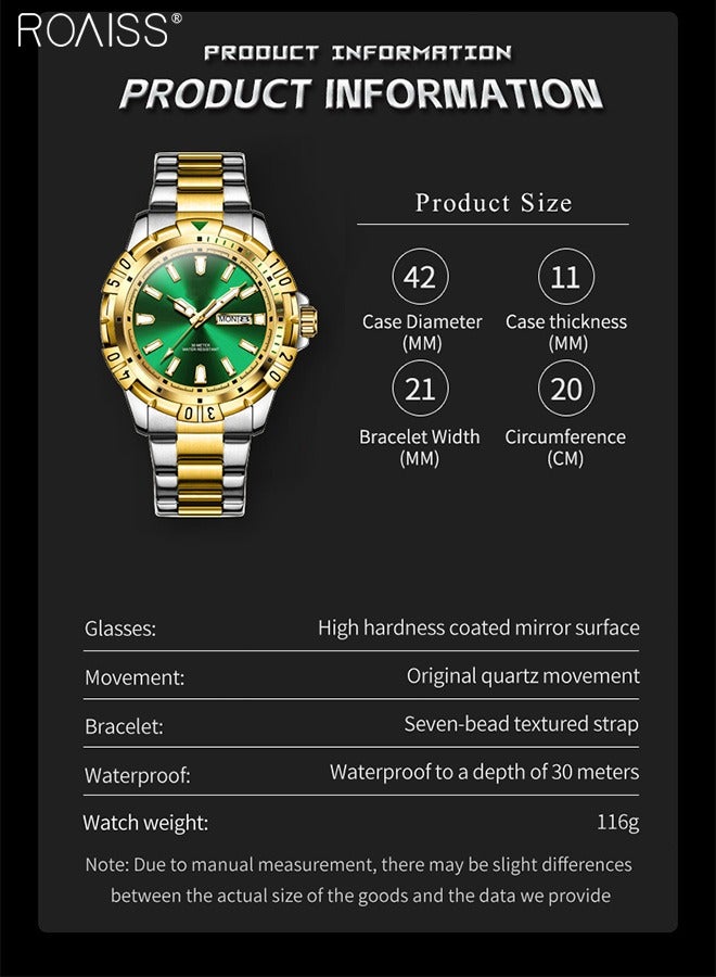 Men's Stainless Steel Strap Quartz Watch Analog Display Round Green Dial with Chrono Bezel Waterproof Luminous Wristwatch as Gift for Men