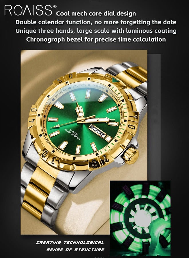 Men's Stainless Steel Strap Quartz Watch Analog Display Round Green Dial with Chrono Bezel Waterproof Luminous Wristwatch as Gift for Men