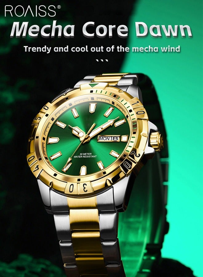 Men's Stainless Steel Strap Quartz Watch Analog Display Round Green Dial with Chrono Bezel Waterproof Luminous Wristwatch as Gift for Men