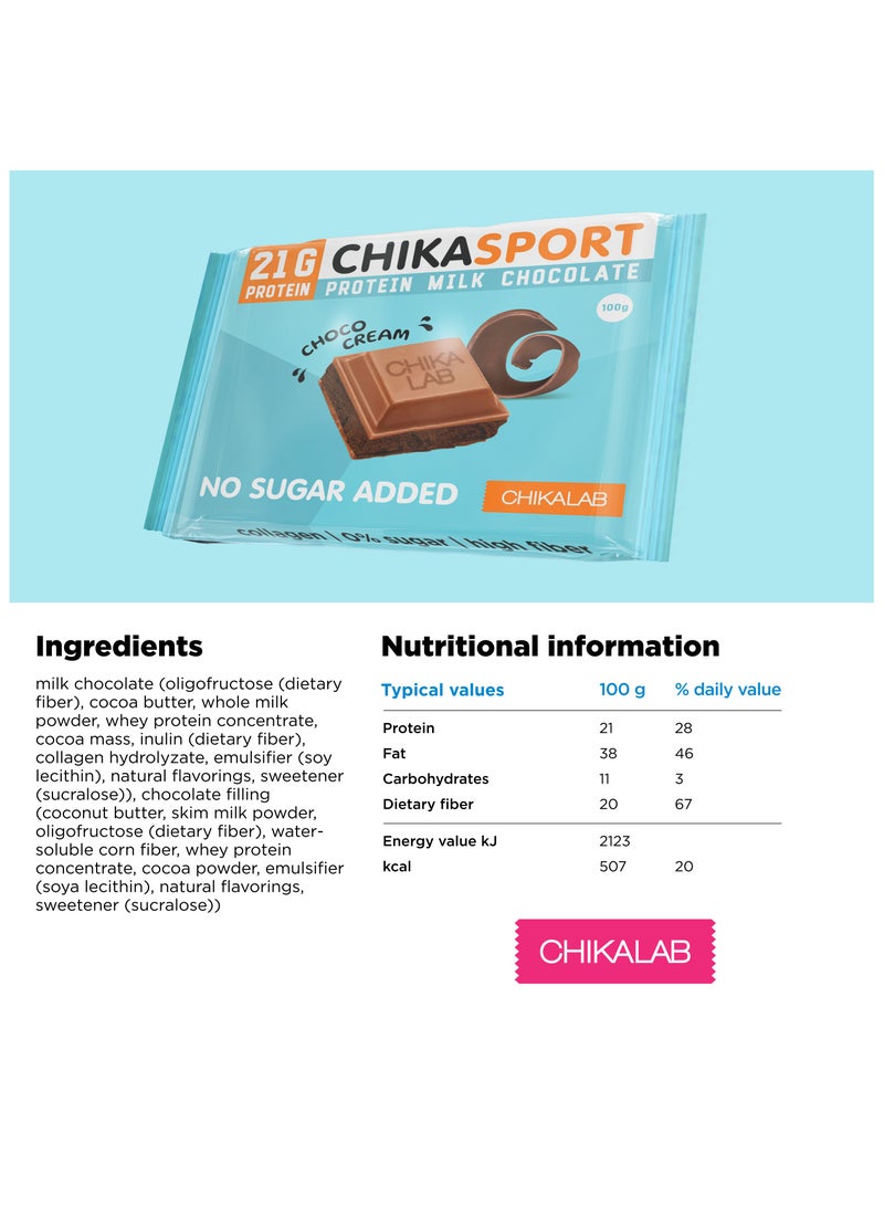 CHIKASPORT Collagen Protein Milk Chocolate with Choco Cream Filling High Fiber and No Sugar Added 4x100g