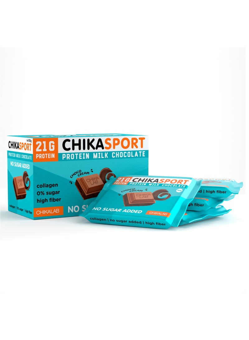 CHIKASPORT Collagen Protein Milk Chocolate with Choco Cream Filling High Fiber and No Sugar Added 4x100g