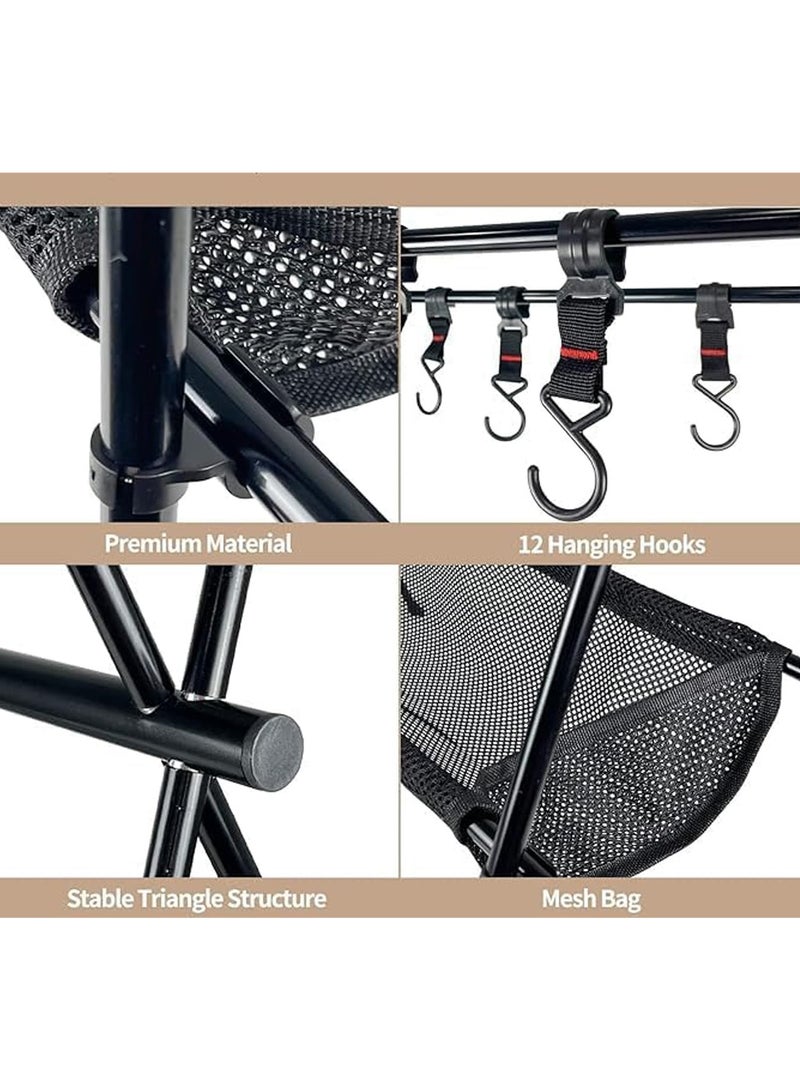 Cookware Hanging Rack for Camping, Ultralight Aluminum Tripod Folding Shelf with 12 Hooks, Mesh Storage Layer and Storage Bag，Outdoor Multifunction Camping Triangle Stand