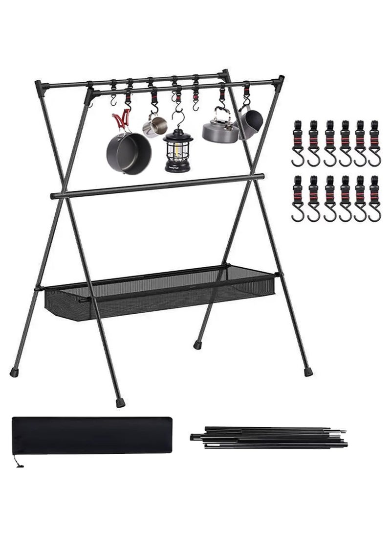 Cookware Hanging Rack for Camping, Ultralight Aluminum Tripod Folding Shelf with 12 Hooks, Mesh Storage Layer and Storage Bag，Outdoor Multifunction Camping Triangle Stand