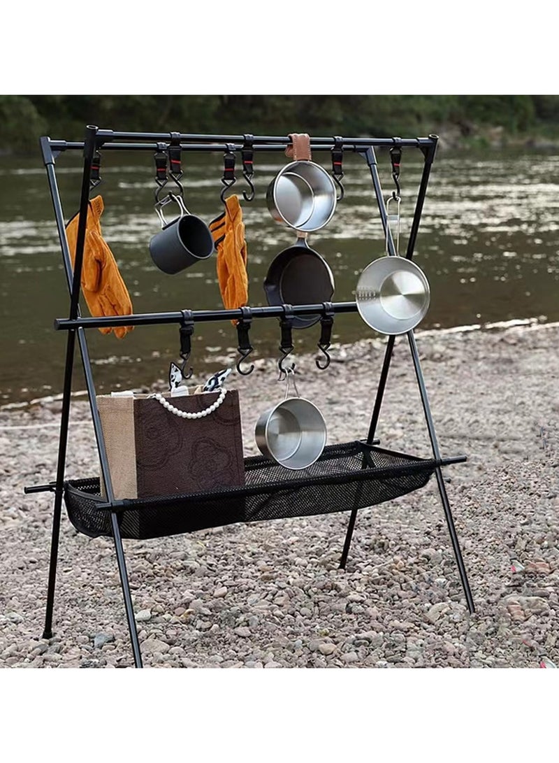 Cookware Hanging Rack for Camping, Ultralight Aluminum Tripod Folding Shelf with 12 Hooks, Mesh Storage Layer and Storage Bag，Outdoor Multifunction Camping Triangle Stand