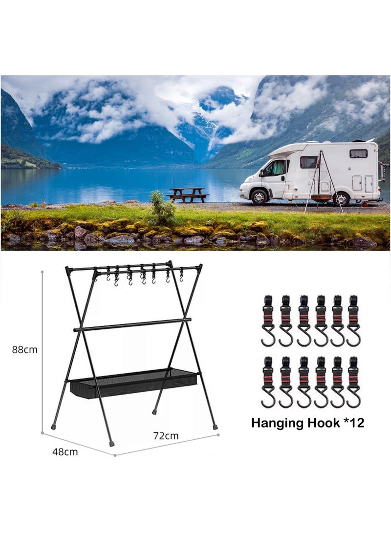 Cookware Hanging Rack for Camping, Ultralight Aluminum Tripod Folding Shelf with 12 Hooks, Mesh Storage Layer and Storage Bag，Outdoor Multifunction Camping Triangle Stand