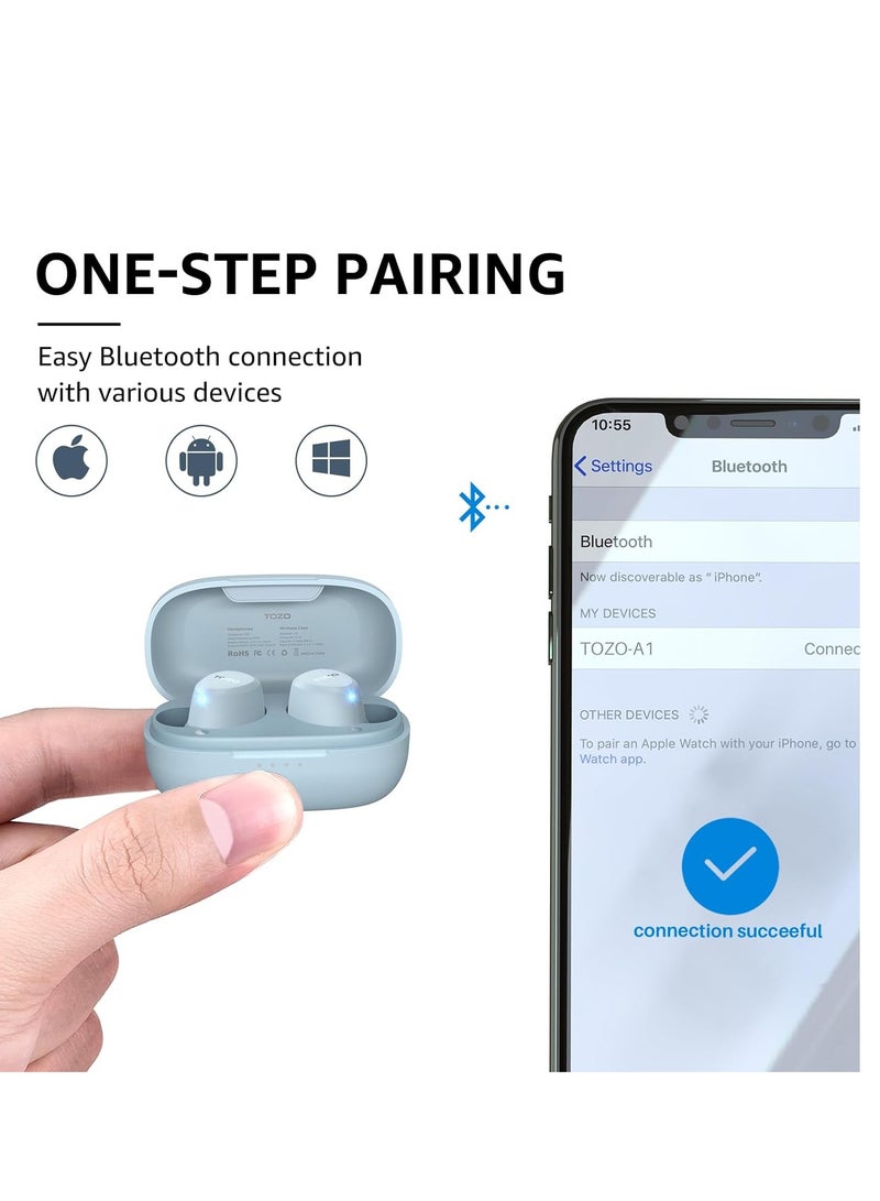 TOZO A1 Mini Wireless Earbuds Bluetooth 5.3 in Ear Light-Weight Headphones Built-in Microphone, IPX5 Waterproof, Immersive Premium Sound Long Distance Connection Headset with Charging Case, Blue