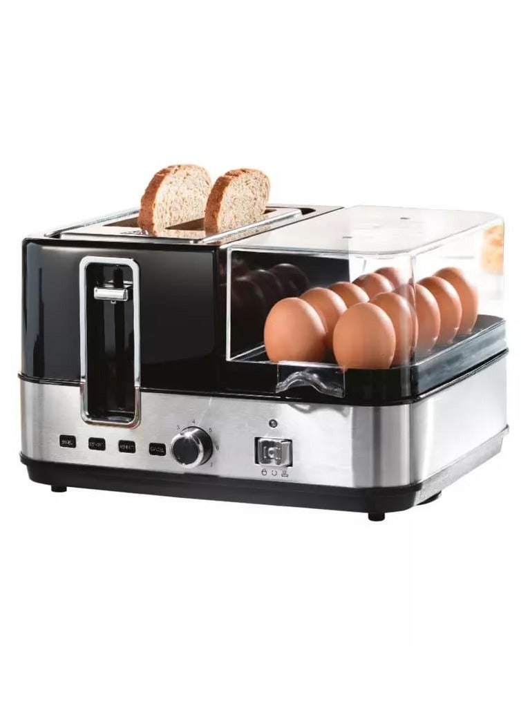 Breakfast Maker with 2 Slice Toaster and 7 Browning Setting, 10 Unit Egg Boiling Rack with 2 Pcs Omelette and Egg Poacher Tray, Crumb Tray, Non-Stick Coated Plates with Indicator Lights 1400W