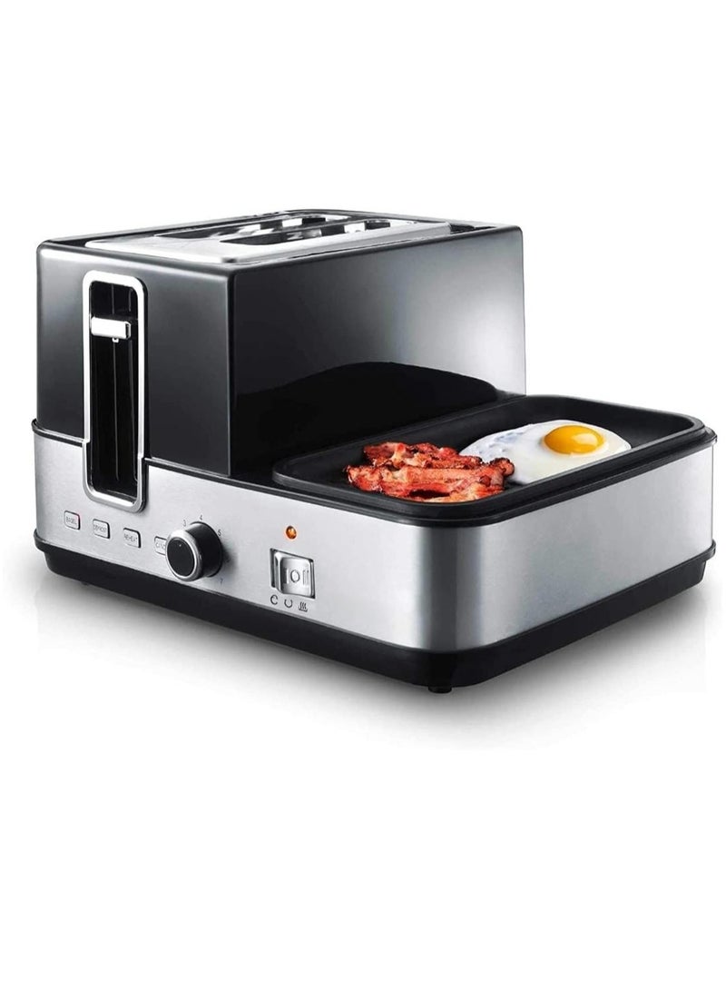 Breakfast Maker with 2 Slice Toaster and 7 Browning Setting, 10 Unit Egg Boiling Rack with 2 Pcs Omelette and Egg Poacher Tray, Crumb Tray, Non-Stick Coated Plates with Indicator Lights 1400W