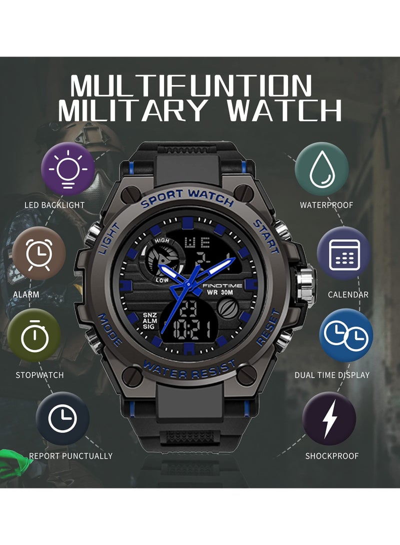 Military Watches for Men, Large Face Army Watch, Waterproof Tactical Watches Men Army Digital Sports Outdoor Stopwatch LED Survival Tough Electronic Alarm Clock Black Gold Wrist Watch