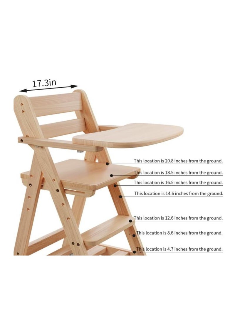 Adjustable Wooden High Chair Baby Folding Dining Chair with Removable Tray Solution for Babies and Toddlers Dining Highchair 1-12 Years Old