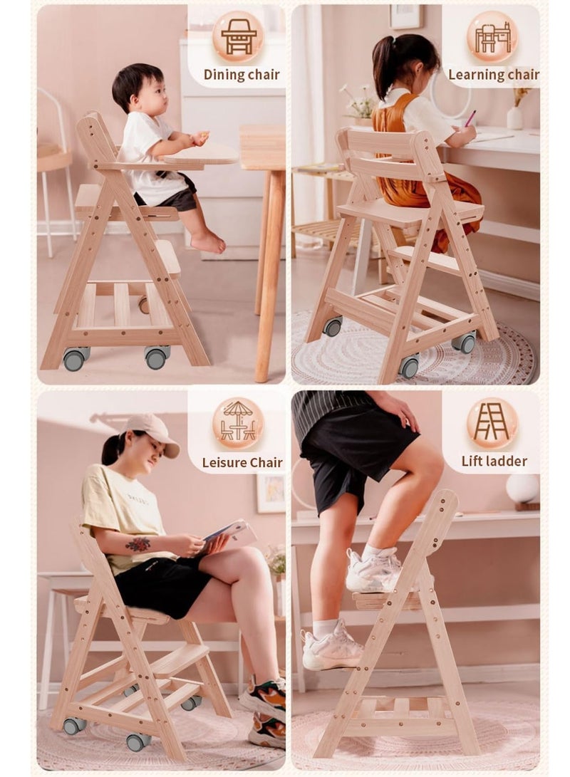 Adjustable Wooden High Chair Baby Folding Dining Chair with Removable Tray Solution for Babies and Toddlers Dining Highchair 1-12 Years Old