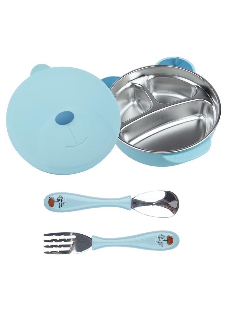 Stainless Steel Baby Feeding Bowl, Stainless Steel Kids Plates, Stainless Steel Baby Bowls, Toddler Suction Plate with Lid Spoon and Fork, Perfect for Children, Blue