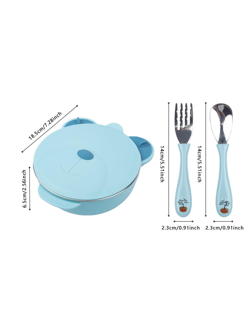 Stainless Steel Baby Feeding Bowl, Stainless Steel Kids Plates, Stainless Steel Baby Bowls, Toddler Suction Plate with Lid Spoon and Fork, Perfect for Children, Blue