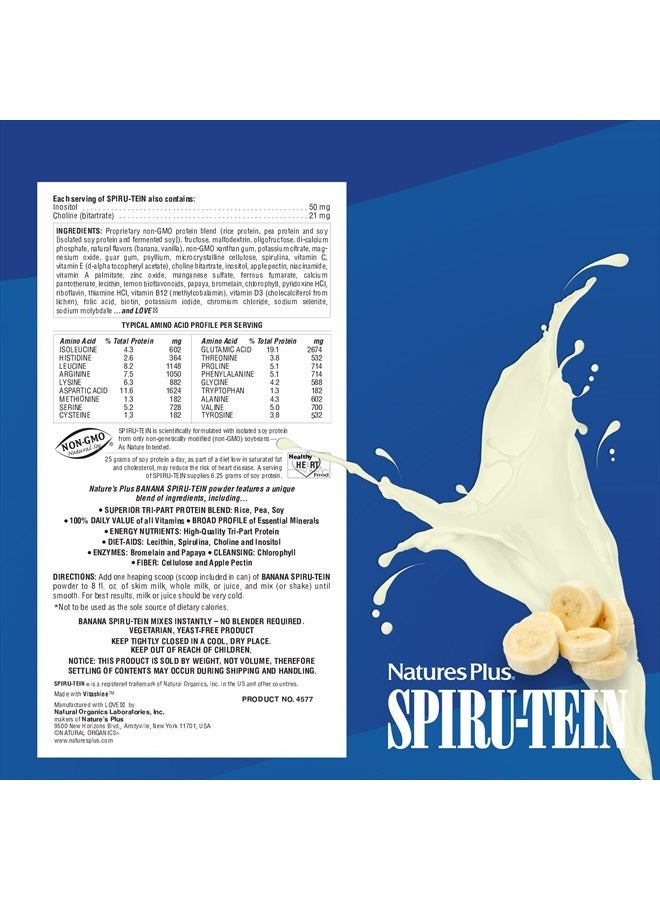 NaturesPlus SPIRU-TEIN Shake - Banana Flavor - 2.4 lbs, Spirulina Protein Powder - Plant Based Meal Replacement, Vitamins & Minerals For Energy - Vegetarian, Gluten-Free - 32 Servings